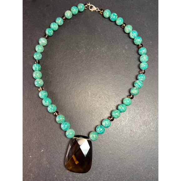 Russian amazonite and smoky quartz necklace with sterling silver clasp - Picture 1 of 11